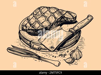 Filet de bœuf grillé et couteau sur planche à découper en bois. Aliments grillés, illustration vectorielle gravée Illustration de Vecteur