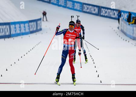 Pokljuka, Slovénie. 07th janvier 2023. Quentin Fillon Maillet de France vu en action pendant la course de poursuite de 12,5 km de Men à la coupe du monde de biathlon de BMW IBU à Pokljuka. Crédit : SOPA Images Limited/Alamy Live News Banque D'Images