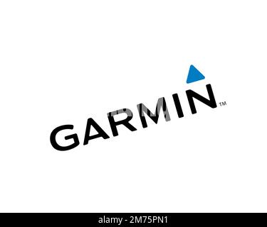 Garmin, logo pivoté, arrière-plan blanc Banque D'Images