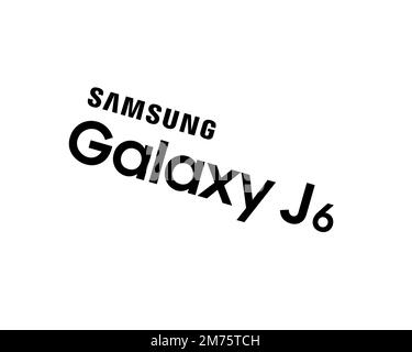 Samsung Galaxy J6, logo pivoté, arrière-plan blanc B Banque D'Images