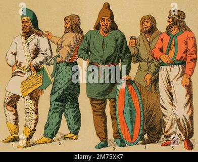 Proche-Orient. Scythians et Parthians. De gauche à droite; 1: Vêtement scythien masculin, 2: Ceinture nuancée mâle, 3-4-5: Hommes des classes populaires. Chromolithography. 'Historia Universal' (Histoire universelle), par Cesar Cantu. Volume I, 1881. Banque D'Images