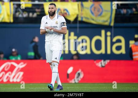 Villarreal, Espagne, 7 janvier 2023. Karim Benzema du Real Madrid Célébrez après avoir marqué le but 1-1 lors du match espagnol de la Liga entre Villarreal CF et Real Madrid au stade de la Ceramica. Photo de Jose Miguel Fernandez /Alamy Live News ) Banque D'Images