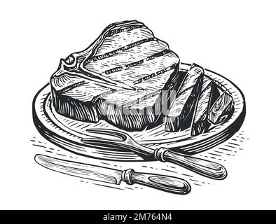 Filet de bœuf grillé avec couteau et fourchette sur planche à découper en bois. Aliments grillés, dessin vectoriel gravé Illustration de Vecteur
