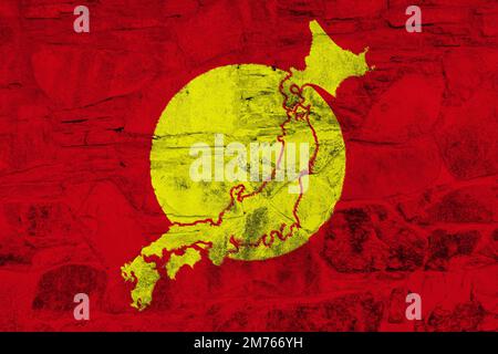 Drapeau du Japon et carte de contour du pays sur la texture. Collage. Banque D'Images