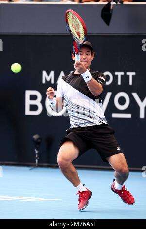 Adélaïde, Australie, 7 janvier 2023. Yoshihito Nishioka du Japon f/pendant le match international de tennis d'Adélaïde entre Sebastian Korda des États-Unis et Yoshihito Nishioka du Japon à Memorial Drive sur 07 janvier 2023 à Adélaïde, en Australie. Crédit : Peter Mundy/Speed Media/Alay Live News Banque D'Images