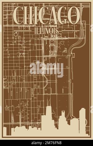 Affiche encadrée de couleur marron dessinée à la main du centre-ville DE CHICAGO, ILLINOIS, avec un horizon et des lettres d'époque Illustration de Vecteur