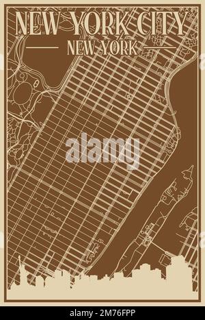 Affiche encadrée en marron dessinée à la main du centre-ville DE NEW YORK, NEW YORK, avec un horizon et des lettres vintage Illustration de Vecteur