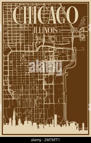 Affiche encadrée de couleur marron dessinée à la main du centre-ville DE CHICAGO, ILLINOIS, avec un horizon et des lettres d'époque Illustration de Vecteur