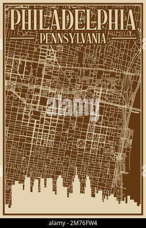 Affiche encadrée de couleur marron dessinée à la main du centre-ville DE PHILADELPHIE, EN PENNSYLVANIE, avec un horizon et des lettres d'époque Illustration de Vecteur