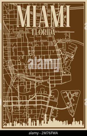 Affiche encadrée de couleur marron dessinée à la main du centre-ville DE MIAMI, EN FLORIDE, avec des gratte-ciel et des lettres d'époque Illustration de Vecteur