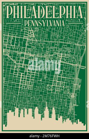 Affiche encadrée verte dessinée à la main du centre-ville DE PHILADELPHIE, EN PENNSYLVANIE, avec des gratte-ciel et des lettres d'époque Illustration de Vecteur