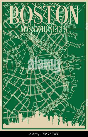 Affiche encadrée verte dessinée à la main du centre-ville DE BOSTON, MASSACHUSETTS, avec un horizon et des lettres d'époque Illustration de Vecteur
