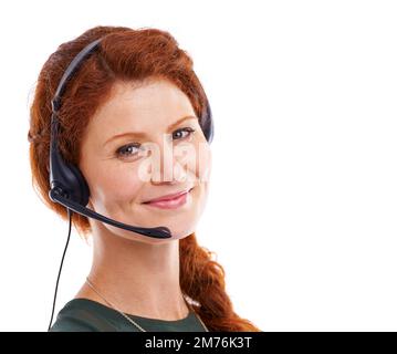 Rendre les clients heureux. Portrait d'un jeune représentant du service clientèle attrayant portant un casque. Banque D'Images