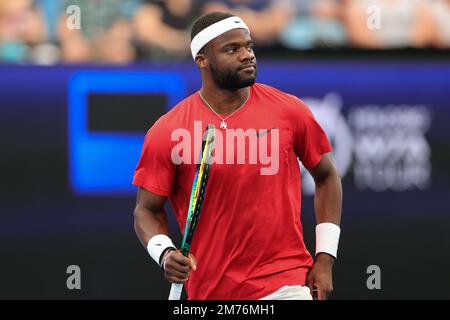 Sydney, Australie. 08th janvier 2023. Frances Tiafoe des Etats-Unis réagit lors de la finale entre Frances Tiafoe des Etats-Unis et Lorenzo Musetti d'Italie lors de la coupe United Day 10 à Ken Rosewall Arena, Sydney Olympic Park tennis Centre, Sydney, Australie, le 8th janvier 2023. Photo de Peter Dovgan. Utilisation éditoriale uniquement, licence requise pour une utilisation commerciale. Aucune utilisation dans les Paris, les jeux ou les publications d'un seul club/ligue/joueur. Crédit : UK Sports pics Ltd/Alay Live News Banque D'Images