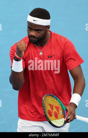 Sydney, Australie. 08th janvier 2023. Frances Tiafoe des Etats-Unis réagit après avoir pris la première série 6-2 comme Lorenzo Musetti d'Italie se retire blessé pendant la finale entre Frances Tiafoe des Etats-Unis et Lorenzo Musetti d'Italie à la United Cup Day 10 à Ken Rosewall Arena, Sydney Olympic Park tennis Center, Sydney, Australie le 8th janvier 2023. Photo de Peter Dovgan. Utilisation éditoriale uniquement, licence requise pour une utilisation commerciale. Aucune utilisation dans les Paris, les jeux ou les publications d'un seul club/ligue/joueur. Crédit : UK Sports pics Ltd/Alay Live News Banque D'Images