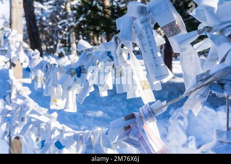 La fortune en papier omikuji glisse dans la neige au sanctuaire de Higashikawa au nouvel an dans la ville de Higashikawa, Hokkaido, au nord du Japon Banque D'Images