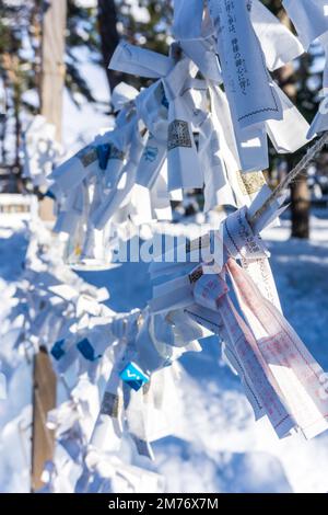 La fortune en papier omikuji glisse dans la neige au sanctuaire de Higashikawa au nouvel an dans la ville de Higashikawa, Hokkaido, au nord du Japon Banque D'Images