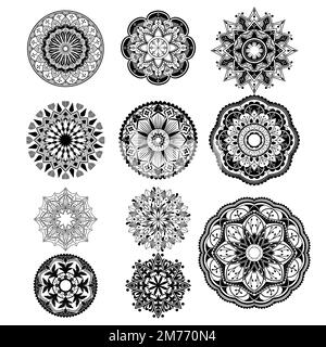 Motifs de mandalas noirs sur fond blanc Illustration de Vecteur