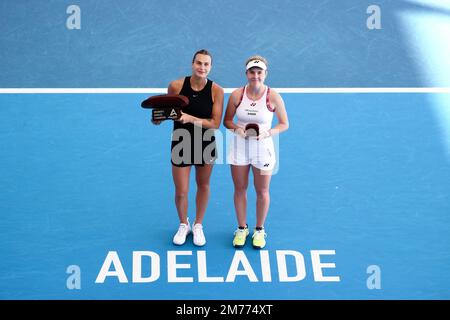 Adélaïde, Australie, 8 janvier 2023. Aryna Sabalenka, du Bélarus, célèbre la victoire du match international de tennis d'Adélaïde entre Aryna Sabalenka, du Bélarus, et Linda Noskova, de la République tchèque, sur la route Memorial de 08 janvier 2023, à Adélaïde, en Australie. Crédit : Peter Mundy/Speed Media/Alay Live News Banque D'Images