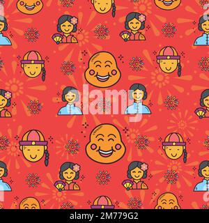 Rouge Vector jeu de caractères chinois dessiné à la main Repeat Pattern Design Illustration de Vecteur