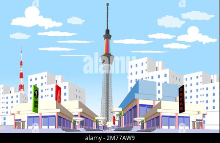 Vue sur la ville de Tokyo au crépuscule ou la nuit avec la tour de Tokyo et le tokyo skytree, le Mont Fuji et le coucher du soleil sur fond, illustration vectorielle du paysage Illustration de Vecteur