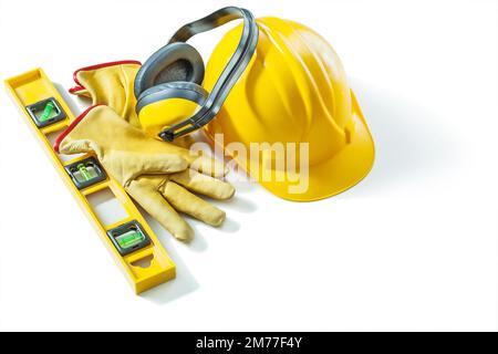 jeu d'outils de construction casque gants écouteurs niveau isolé sur fond blanc Banque D'Images