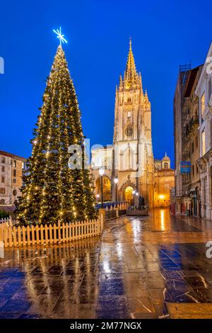 Vue nocturne de la cathédrale, Oviedo, Asturies, Espagne Banque D'Images