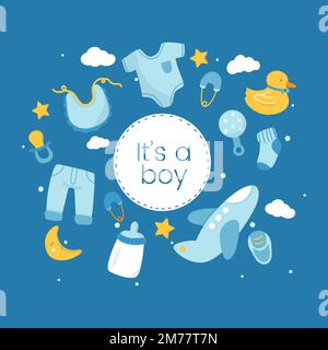 C'est un garçon bébé douche invitation carte vecteur Illustration de Vecteur