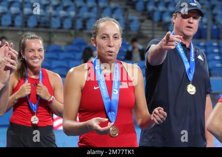 Sydney, Australie. 08th janvier 2023. Madison Keys of USA célèbre sa position de champion à l'United Cup Day 10 au Ken Rosewall Arena, au Sydney Olympic Park tennis Centre, Sydney, Australie, le 8th janvier 2023. Photo de Peter Dovgan. Utilisation éditoriale uniquement, licence requise pour une utilisation commerciale. Aucune utilisation dans les Paris, les jeux ou les publications d'un seul club/ligue/joueur. Crédit : UK Sports pics Ltd/Alay Live News Banque D'Images