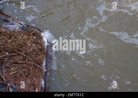 Pile de débris de bois et de déchets de plastique pendant une inondation, pollution de l'eau de l'environnement Banque D'Images