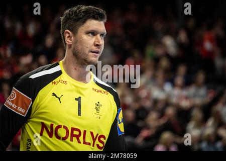 Copenhague, Danemark. 07th janvier 2023. Niklas Landon (1) du Danemark vu lors du match d'essai de la coupe Norlys entre le Danemark et l'Arabie saoudite à la Royal Arena de Copenhague. (Crédit photo : Gonzales photo/Alamy Live News Banque D'Images