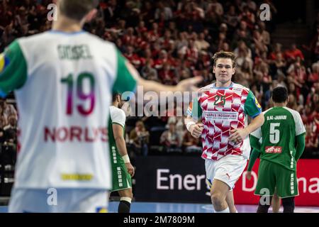 Copenhague, Danemark. 07th janvier 2023. Lukas Jorgensen (25) du Danemark vu lors du match d'essai de la coupe Norlys entre le Danemark et l'Arabie saoudite à la Royal Arena de Copenhague. (Crédit photo : Gonzales photo/Alamy Live News Banque D'Images