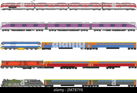 Projet isolé de train bleu moderne. Vues latérale, de dessus et de face. Locomotive 3D réaliste. Véhicule ferroviaire. Transport de pessenger de chemin de fer. Vecteur Ill Illustration de Vecteur