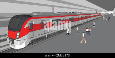 Projet isolé de train bleu moderne. Vues latérale, de dessus et de face. Locomotive 3D réaliste. Véhicule ferroviaire. Transport de pessenger de chemin de fer. Vecteur Ill Illustration de Vecteur