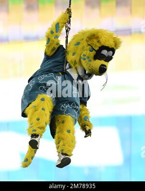 Jacksonville, États-Unis. 07th janvier 2023. Le Jaguar mascon « Jaxson » fait son saut traditionnel dans le champ avant le match des Titans, Jaguars au TIAA Bank Field à Jacksonville, Floride, samedi, 7 janvier 2023. Les Jaguars ont battu les Titans 27-21. Photo de Joe Marino/UPI. Crédit : UPI/Alay Live News Banque D'Images