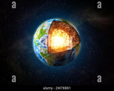 Structure du noyau de terre. Coupe transversale de la planète avec des couches visibles sur l'espace arrière-plan.éléments de cette image fournie par la NASA. 3d illustration Banque D'Images
