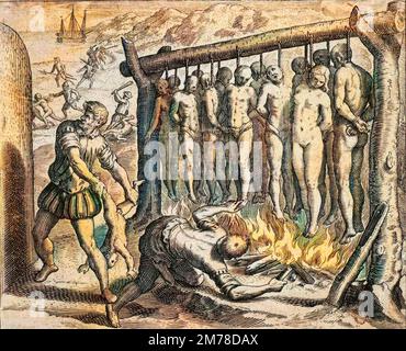 Persécutions espagnoles dans les Antilles - Treize pendus brules - Description des crimes infliges aux Indiens par les cols Epagnols - Gravure de Theodore de Bry dans 'Narratio regionum indicarum per Hispanos quosdam ravatarum verissima' par Bartolome de las Casas (1484-1566) Banque D'Images