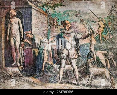 La persécution espagnole dans les Antilles - Description des crimes infliges aux Indiens par les cols Espagnols - Espagnols Conquistadorors massacrant des femmes et des enfants Indiens. Pendaison. Enfants jètes aux chiens - Gravure de Theodore de Bry dans 'Narratio regionum indicarum per Hispanos quosdam ravatarum verissima' par Bartolome de las Casas (1484-1566) Banque D'Images
