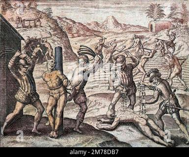 Persécutions espagnoles dans les Antilles - Description des crimes infliges aux Indiens par les cols Espagnols - Espagnols torturant des Indiens - Gravure de Theodore de Bry dans 'Brevisima relacion de la destruccion de las Indias' par Bartolome de las Casas (1484-1566) Banque D'Images