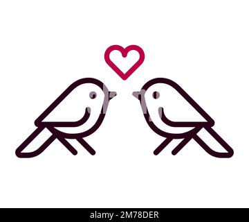 Simple dessin animé oiseau couple avec coeur, icône d'art de ligne. Élément de conception de logo minimal, illustration vectorielle. Illustration de Vecteur