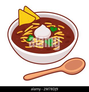 Chili con carne, cuisine mexicaine traditionnelle. Ragoût de haricots et de bœuf recouvert de fromage, de crème sure et de nachos. Illustration de clip art vectoriel de dessin animé. Illustration de Vecteur