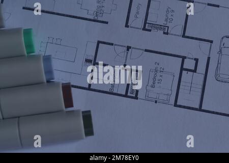 Concepteur maison. Éléments de mobilier. Plan de l'étage dans la vue de dessus. Plan d'étage détaillé avec design intérieur. Plan de la surface de vente. Banque D'Images