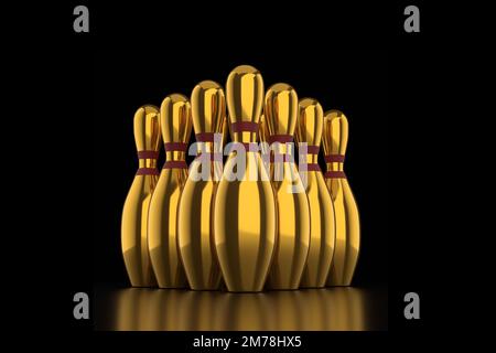 Gold Golden Bowling Pins sur fond noir. 3D rendu d'illustration Banque D'Images