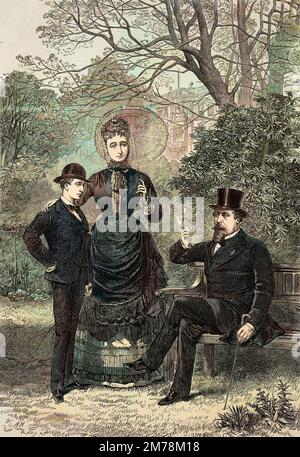 L'ex-empereur français Napoléon III avec sa femme l'imperatrice Eugenie et leur fils le prince impérial a Camden place, Chislehurst en 1871 (exil en Angleterre) - Empereur Napoléon III avec l'impératrice Eugénie et Louis-Napoléon Bonaparte (1856-1879), Prince impérial, à Camden place, Chislehurst en 1871 Banque D'Images