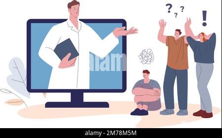 Scène de médecine en ligne avec le médecin et les patients. Personnes dans la dépression et la panique, femme nerveuse. La télémédecine, la psychologie soutient le concept de vecteur Illustration de Vecteur