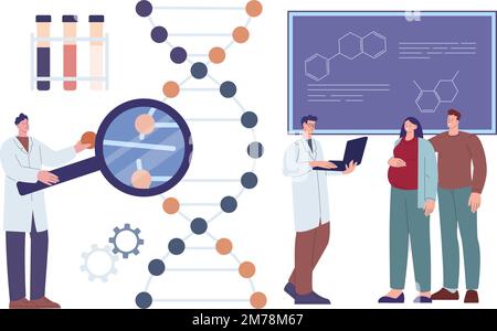 Test génétique pour couple de grossesse. La femme enceinte, l'homme et les chercheurs en génétique regardent la structure des molécules d'ADN. Concept de vecteur de santé du bébé et de la mère Illustration de Vecteur