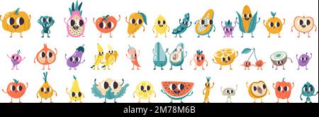 Personnages de dessin animé fruits légumes. Mignon fruit, sourire visage légume. Kawaii alimentaire, ingrédients frais avocat, banane, pastèque. Ensemble amusant Illustration de Vecteur