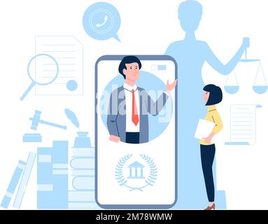 Application de service d'avocat en ligne. Assistance juridique pour les personnes et les entreprises. Conseils juridiques ou consultation sur smartphone. Scène récente de justice mobile de vecteur Illustration de Vecteur