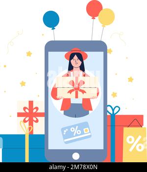 Carte cadeau et réduction pour les achats en ligne. Happy girl sur l'écran du smartphone tenez la boîte à présent. Vente ou promotion, vecteur de programme de fidélité client Illustration de Vecteur