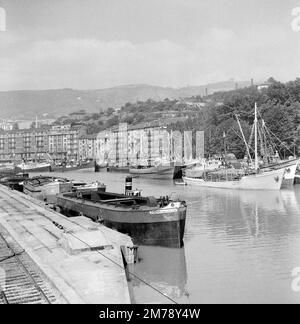 Remorqueurs et bateaux de cargaison ou navires en bois avec grumes de bois dans le port ou le port avec le quai et le front de mer Bergen Norvège c1960. Photographie noir et blanc ou monochrome vintage. Banque D'Images